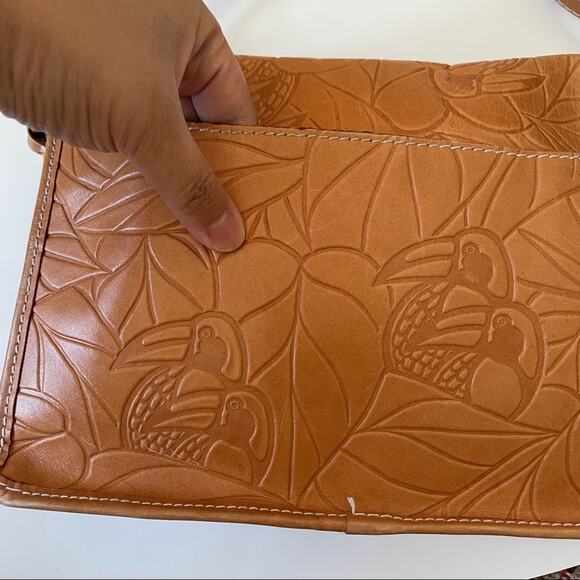 Vintage Debra Lynne Tooled Leather Bag Toucan Birds Leaves Tan Brown GUC - Picture 8 of 9